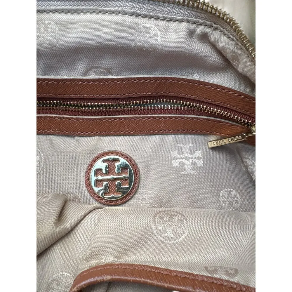 Tory Burch Canvas Leather Trim Tote Bag Tan Penn Tote